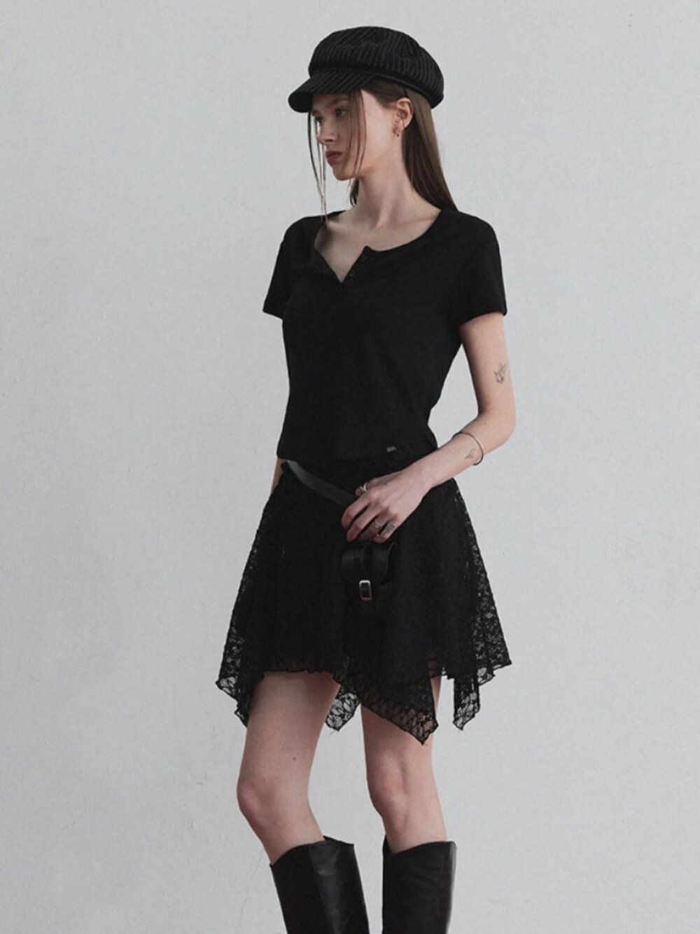 Gathered Lace Asymmetrical Mini Skirt